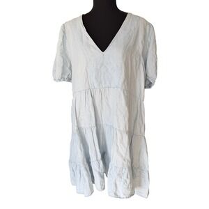 Zara Babydoll Light Wash Denim Tiered Short Sleeve V Neck Mini Dress XL Prairie